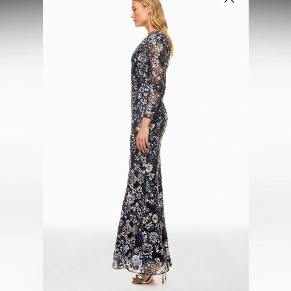 Dress the Population Navy Floral Sequin Long Sleeve Gown - Picture 3 of 11